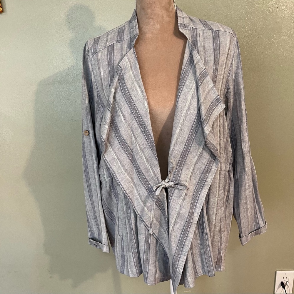 Fate Women Blue Striped Draw String V Neck Roll Top Sleeves BlazerLinen Size L